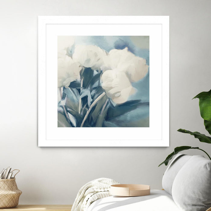 Œuvre d’art murale encadrée blanche et mate « White Roses I » 30 x 30