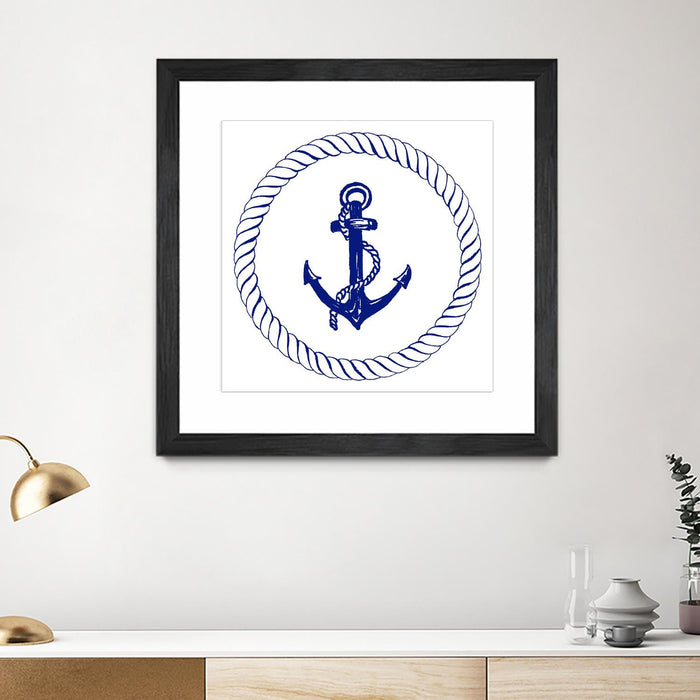 Œuvre d’art murale encadrée noire et mate « Blue Nautical Circle I » 36 x 36