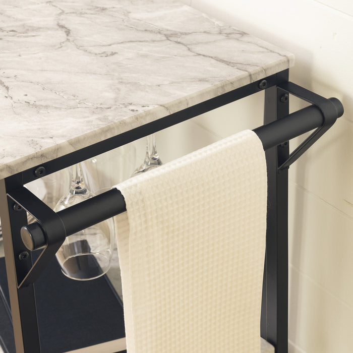 Chariot bar Maliza avec rangement pour bouteilles de vin et support pour verres à vin - imitation marbre Carrare
