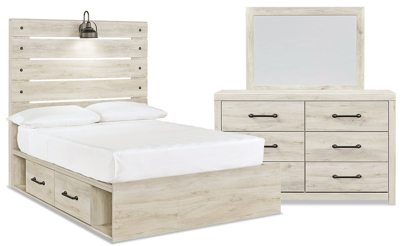 Abby 5-Piece Full Bedroom Package with Side Storage - {Rustic}, {Industrial} style Bedroom Package in White {Engineered Wood}