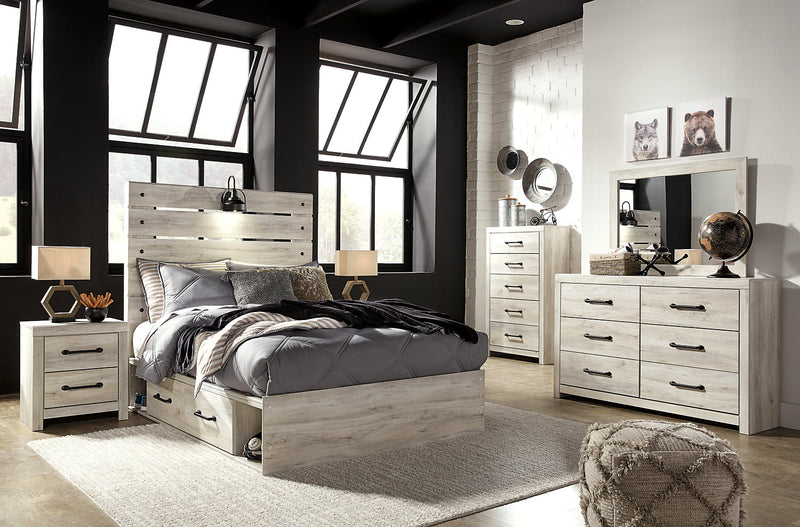 Ensemble de chambre à coucher Abby 5 pièces avec lit de rangement latéral, commode, miroir, éclairage à DEL et port USB, blanc - format lit double