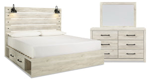 Ensemble de chambre à coucher Abby 5 pièces avec lit de rangement latéral, commode, miroir, éclairage à DEL et port USB, blanc - format très grand lit