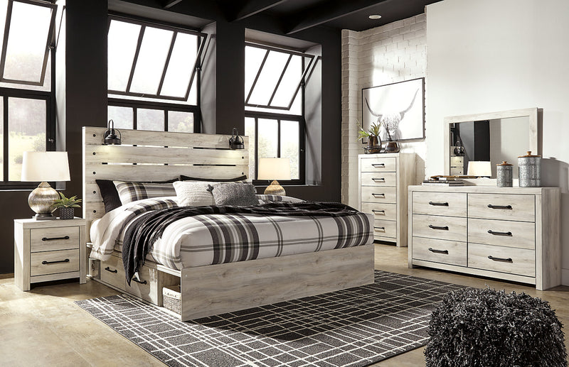 Ensemble de chambre à coucher Abby 5 pièces avec lit de rangement latéral, commode, miroir, éclairage à DEL et port USB, blanc - format très grand lit