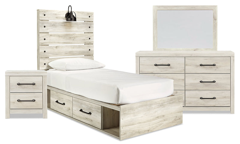 Abby 6-Piece Twin Bedroom Package with Side Storage - {Rustic}, {Industrial} style Bedroom Package in White {Engineered Wood}