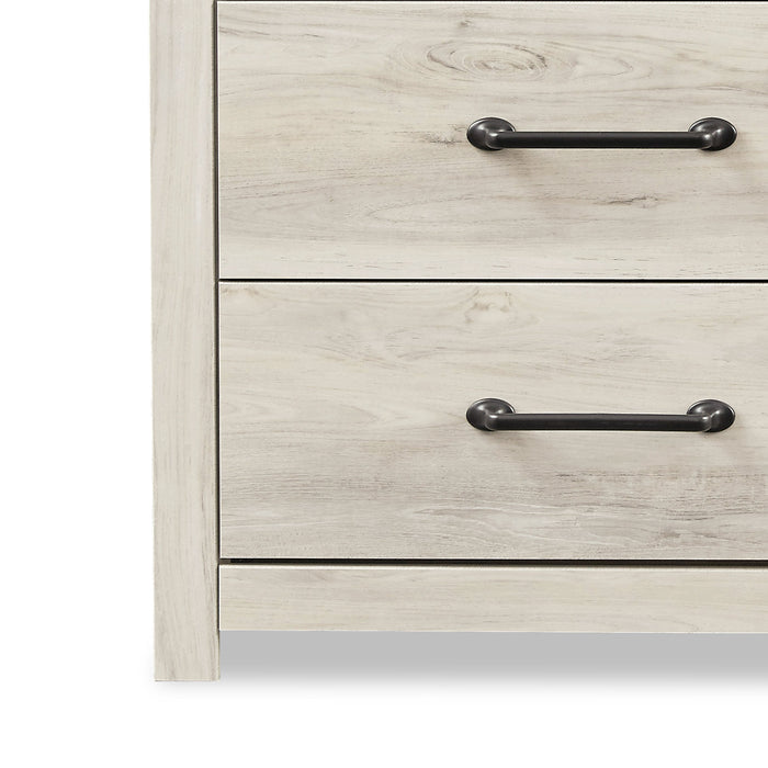 Ensemble de chambre à coucher Abby 6 pièces avec lit à panneau, commode, miroir, table de nuit, éclairage à DEL et port USB, blanc - format lit double