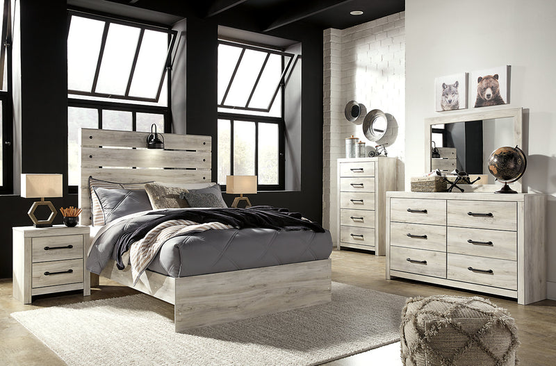 Ensemble de chambre à coucher Abby 6 pièces avec lit à panneau, commode, miroir, table de nuit, éclairage à DEL et port USB, blanc - format lit double