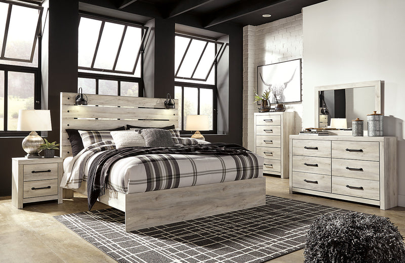 Ensemble de chambre à coucher Abby 6 pièces avec lit à panneau, commode, miroir, table de nuit, éclairage à DEL et port USB, blanc - format très grand lit