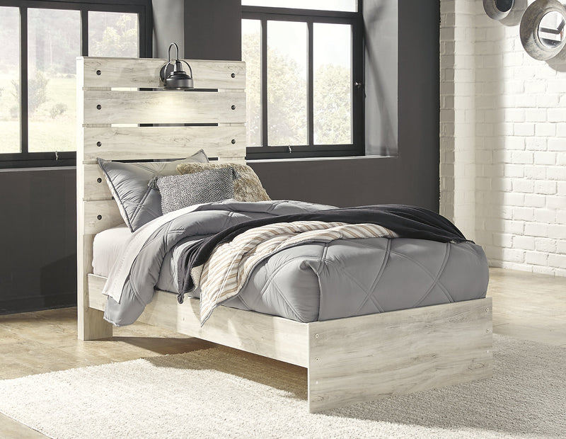 Ensemble de chambre à coucher Abby 5 pièces pour enfants avec lit à panneau, commode, miroir, éclairage à DEL et port USB, blanc - format lit simple