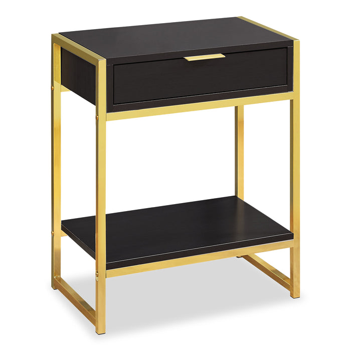 Table d'appoint Alice de 19,5 po avec rangement et tablette - cappuccino avec touches dorées