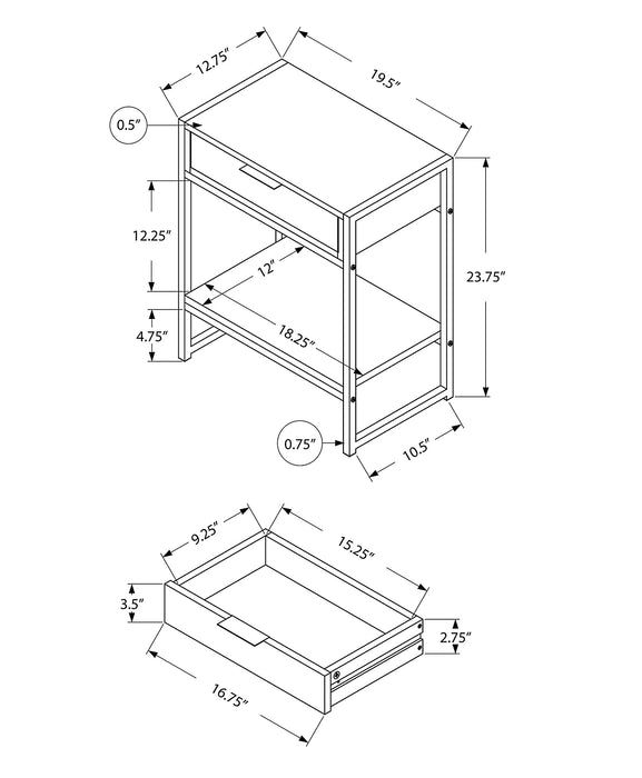 Table d'appoint Alice de 19,5 po avec rangement et tablette - grise avec touches chromées