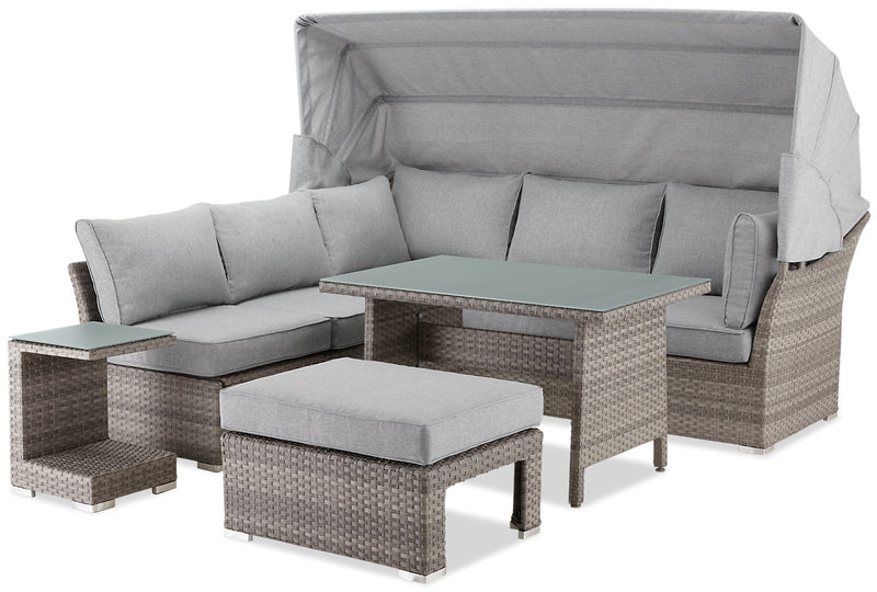 Ensemble de conversation Bermuda 6 pièces avec toit pour la terrasse à l’extérieur - osier en résine tressé à la main, résistant aux rayons UV et aux intempéries - gris