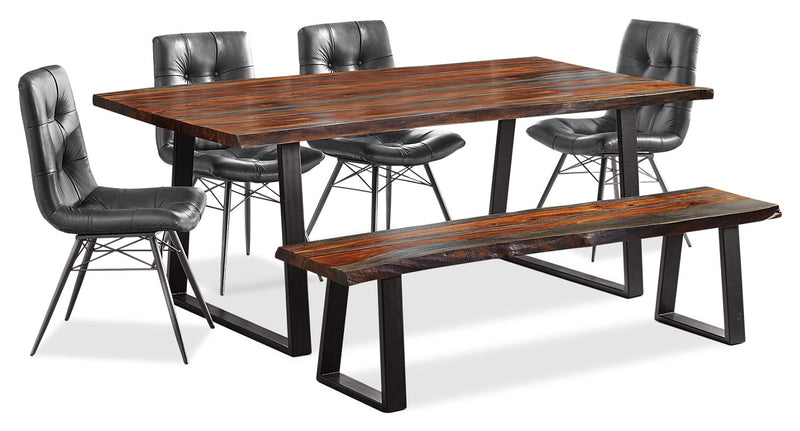 Ensemble de salle à manger Bowery 6 pièces en sheesham et en métal avec table de 80 po (L), banc et 4 chaises Avis - brun
