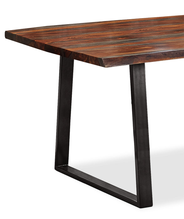 Table de salle à manger Bowery de 80 po (L) en sheesham et métal avec base trapézoïde - brune
