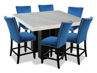  Ensemble de salle à manger Cami 7 pièces de hauteur comptoir avec table carrée de 54 po (L) avec dessus en marbre véritable et 6 chaises bleues