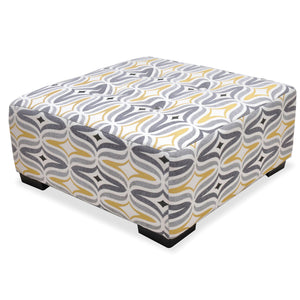 Pouf Carey de 39,5 po en tissu d’apparence lin avec pattes en bois - gris et jaune