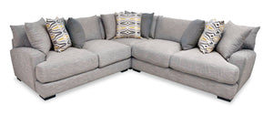 Sofa sectionnel Carey 3 pièces en tissu d’apparence lin avec coussins réversibles, coussins décoratifs et pattes en bois - gris brume