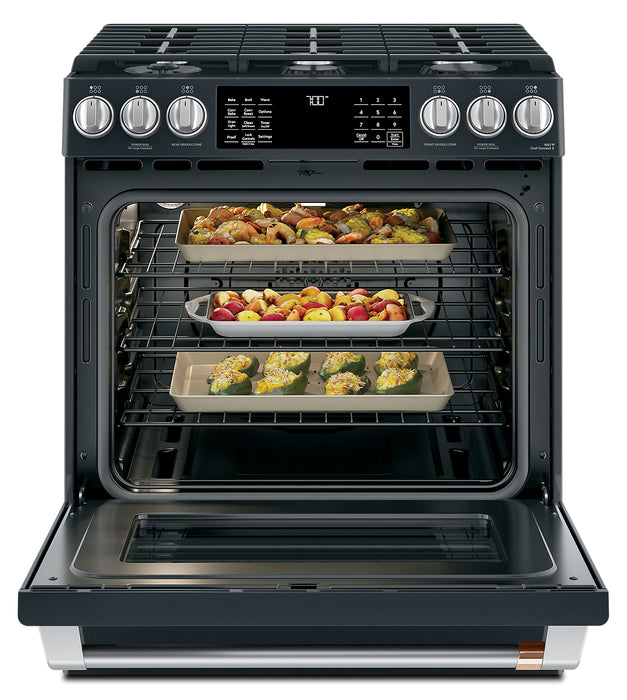 Cuisinière intelligente à gaz Café de 5,6 pi³ avec convection européenne véritable et grilles autonettoyantes - noir mat - CCGS700P3MD1