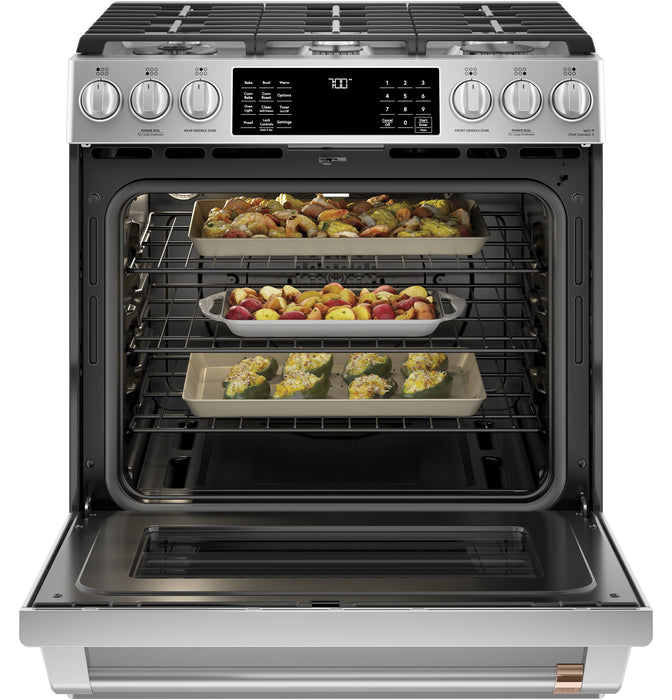 Cuisinière intelligente à gaz Café de 5,6 pi³ avec convection européenne véritable et grilles autonettoyantes - acier inoxydable - CCGS700P2MS1