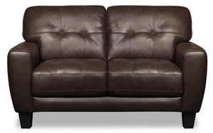 Sofa Curt de 63 po en cuir véritable avec capitonnage à boutons - brun