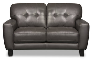 Sofa Curt de 63 po en cuir véritable avec capitonnage à boutons - gris