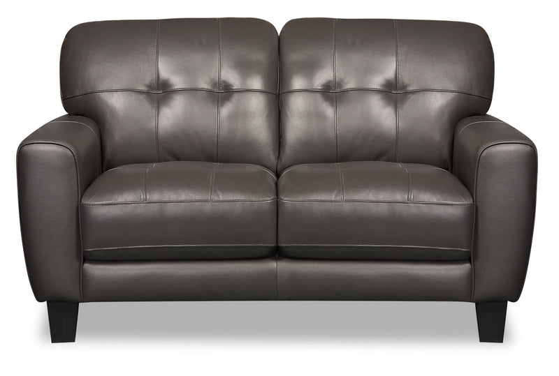 Curt Genuine Leather Loveseat - Grey - {Modern}, {Retro} style Loveseat in Grey {Solid Woods}