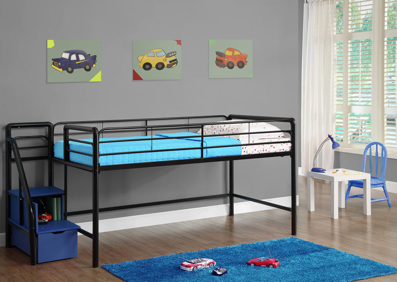 Lit simple mezzanine pour jeunes Kaden de Atwater Living avec escaliers de rangement - noir et bleu