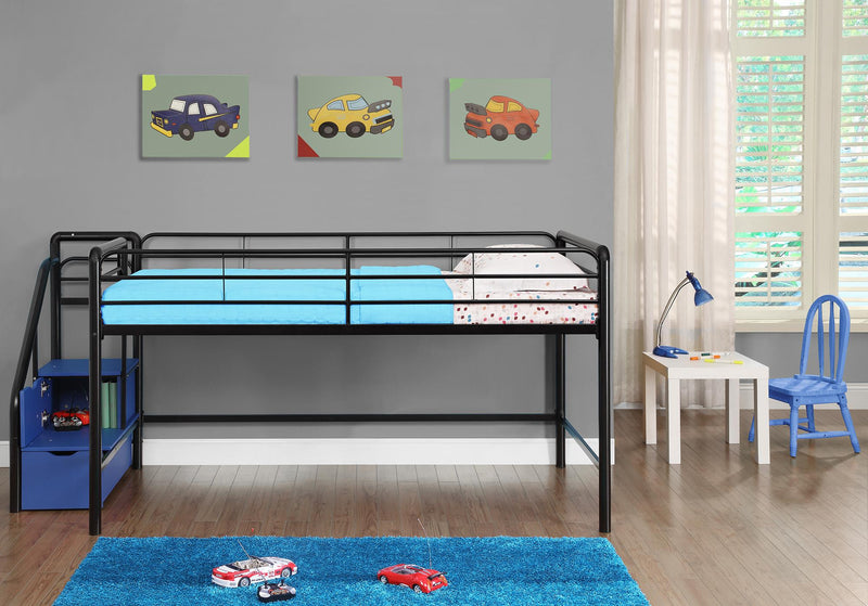 Lit simple mezzanine pour jeunes Kaden de Atwater Living avec escaliers de rangement - noir et bleu