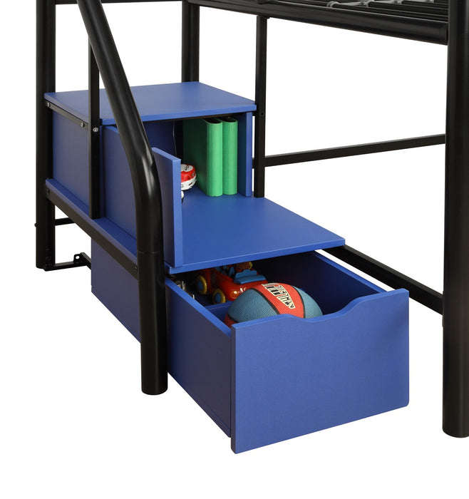 Lit simple mezzanine pour jeunes Kaden de Atwater Living avec escaliers de rangement - noir et bleu