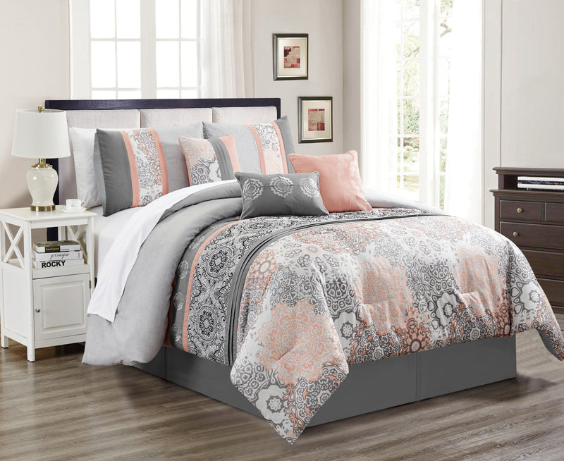 Ensemble d'édredon Dublin 7 pièces pour grand lit - rose et gris