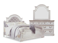 Ensemble de chambre à coucher Grace 5 pièces en bois et en tissu avec lit, commode et miroir, blanc antique - format très grand lit
