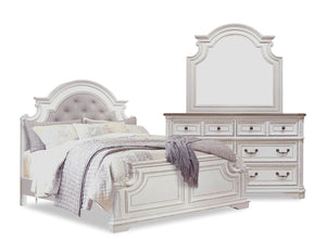 Ensemble de chambre à coucher Grace 5 pièces en bois et en tissu avec lit, commode et miroir, blanc antique - format grand lit
