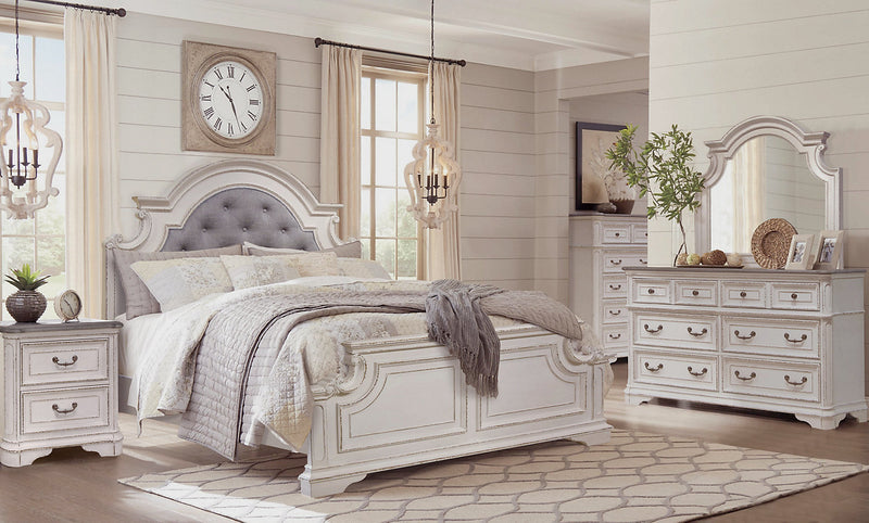 Ensemble de chambre à coucher Grace 5 pièces en bois et en tissu avec lit, commode et miroir, blanc antique - format grand lit