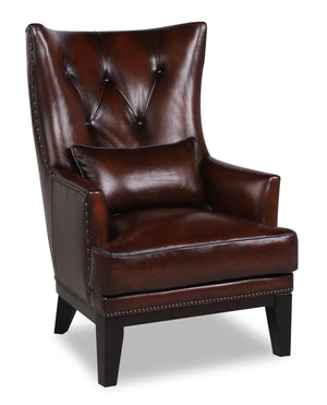 Fauteuil d’appoint Haden de 30 po en cuir véritable avec pattes en hévéa et bordure de clous décoratifs - brun