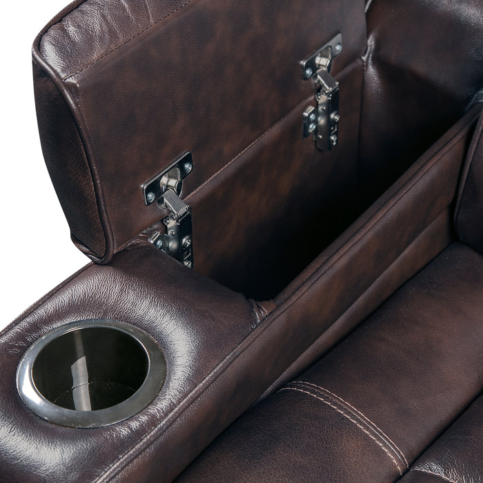 Fauteuil à inclinaison électrique Hugo de 37 po en cuir véritable avec appuie-tête électrique et deux porte-gobelets - brun