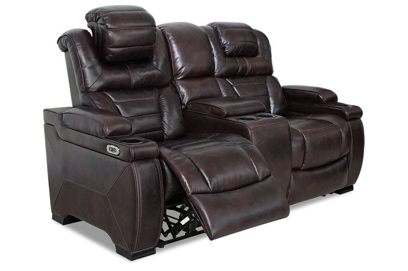 Causeuse à inclinaison électrique Hugo de 73 po en cuir véritable avec appuie-têtes électriques, console de rangement et ports USB - brune