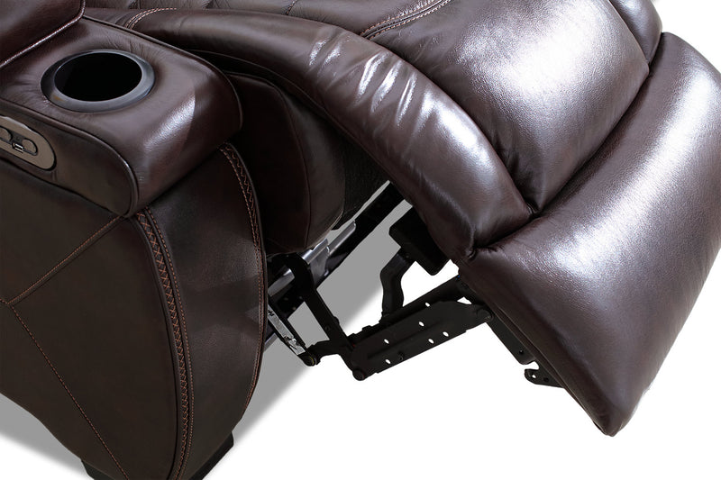 Causeuse à inclinaison électrique Hugo de 73 po en cuir véritable avec appuie-têtes électriques, console de rangement et ports USB - brune