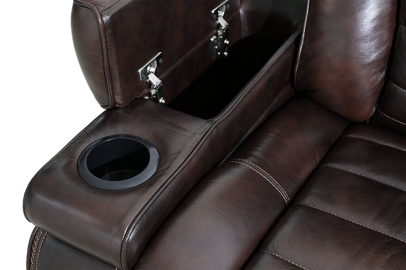 Causeuse à inclinaison électrique Hugo de 73 po en cuir véritable avec appuie-têtes électriques, console de rangement et ports USB - brune