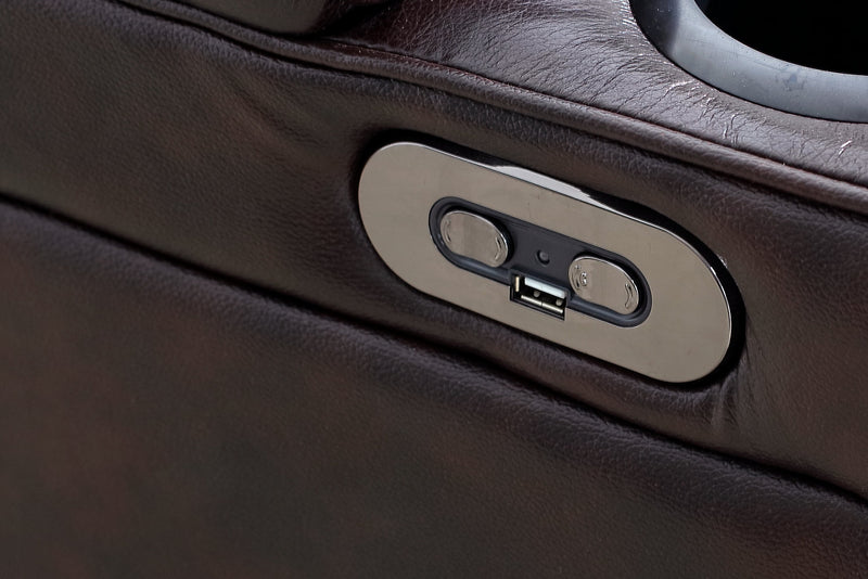 Causeuse à inclinaison électrique Hugo de 73 po en cuir véritable avec appuie-têtes électriques, console de rangement et ports USB - brune