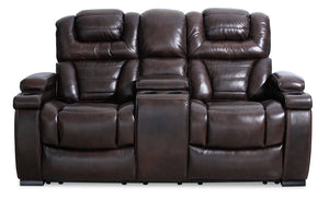 Causeuse à inclinaison électrique Hugo de 73 po en cuir véritable avec appuie-têtes électriques, console de rangement et ports USB - brune