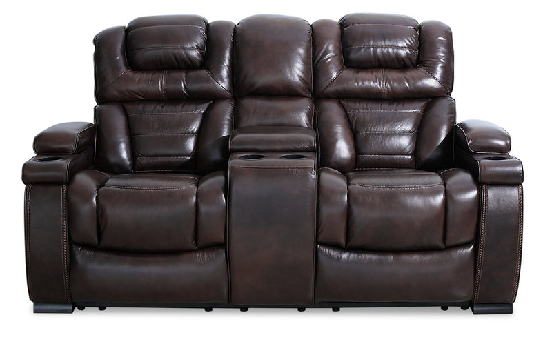 Causeuse à inclinaison électrique Hugo de 73 po en cuir véritable avec appuie-têtes électriques, console de rangement et ports USB - brune