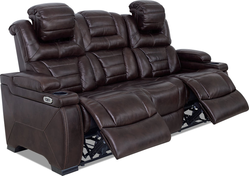 Sofa à inclinaison électrique Hugo de 84 po en cuir véritable avec appuie-têtes électriques, 2 porte-gobelets et ports USB - brun