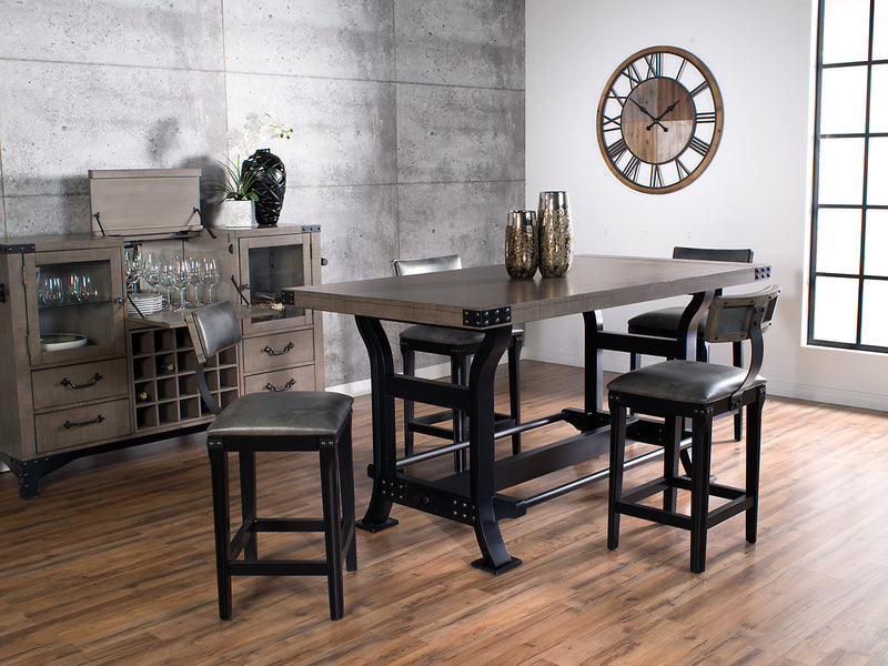 Ensemble de salle à manger Ironworks 5 pièces de hauteur comptoir en métal avec table de 72 po (L), base à tréteaux et 4 chaises - gris
