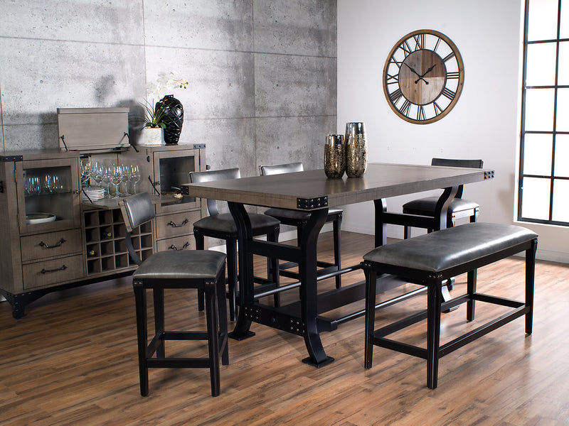 Ensemble de salle à manger Ironworks 6 pièces de hauteur comptoir en métal avec table de 72 po (L), base à tréteaux, banc et 4 chaises - gris