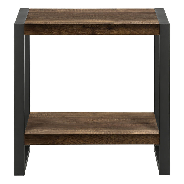 Table d'appoint en métal noir et d’apparence bois recyclé brun