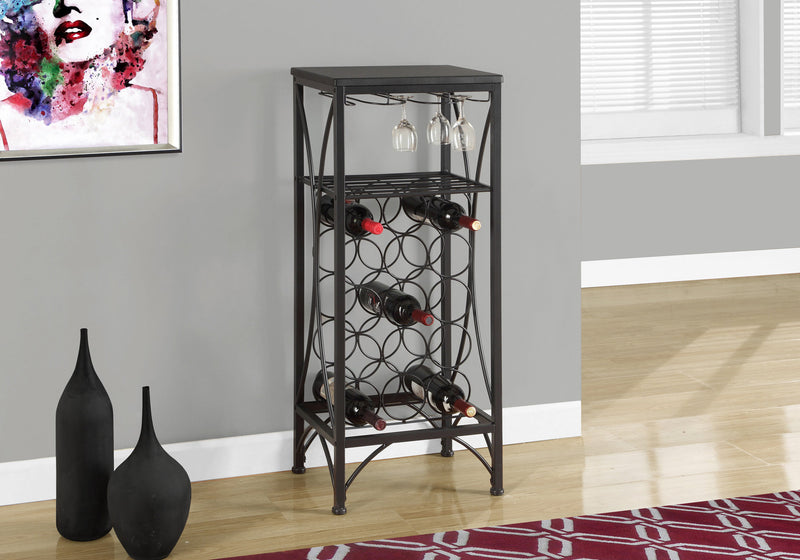 Meuble bar en métal noir avec support pour verres et bouteilles de vin
