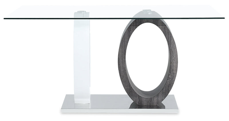 Ensemble de salle à manger Jaye 7 pièces avec table de 63 po (L), dessus en verre, base piédestal et 6 chaises - gris et blanc