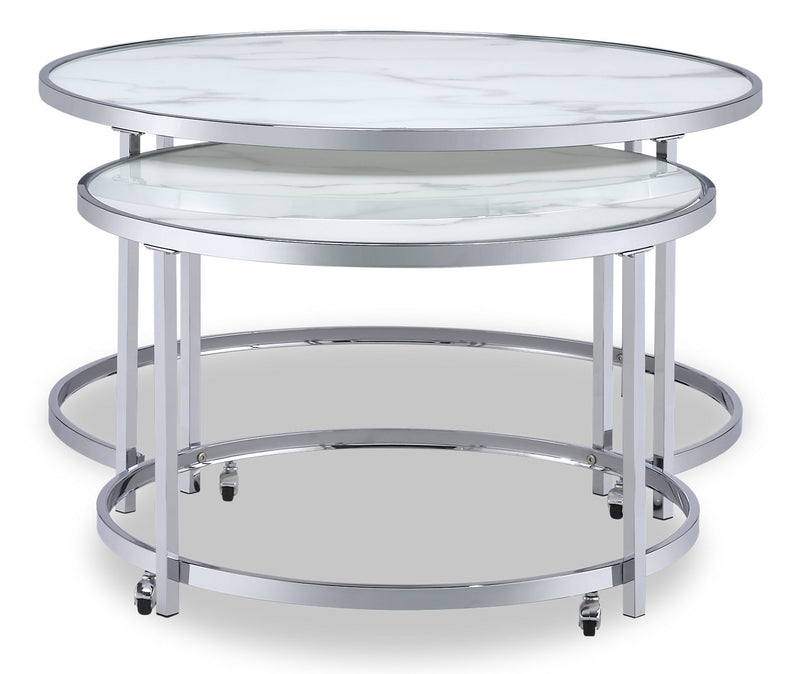 Tables à café gigognes rondes somptueuses Josie de 36 po avec dessus en verre - imitation de marbre gris avec pattes en métal