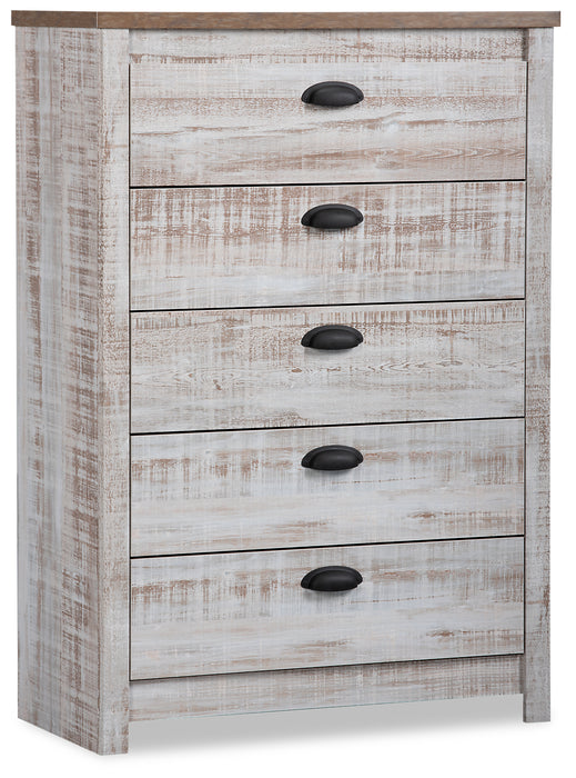 Commode verticale Kaia de 31,38 po (L) x 45,3 po (H) à 5 tiroirs pour la chambre à coucher, fabriquée au Canada - blanchie