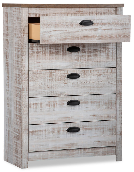 Commode verticale Kaia de 31,38 po (L) x 45,3 po (H) à 5 tiroirs pour la chambre à coucher, fabriquée au Canada - blanchie