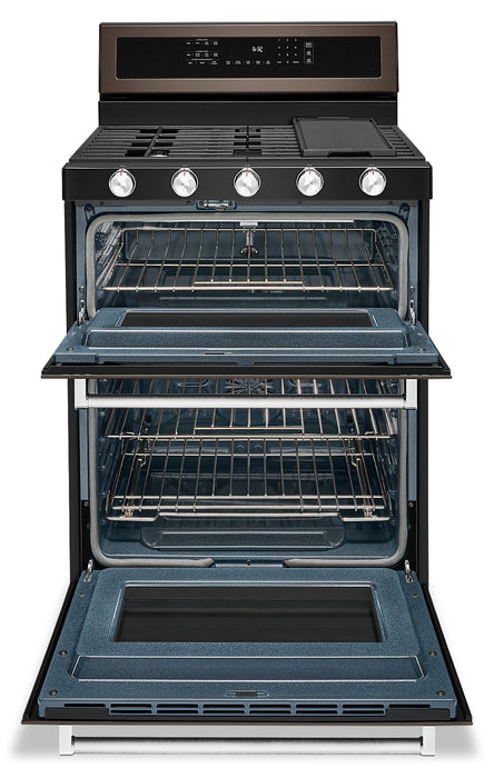 Cuisinière à gaz KitchenAid de 6 pi³ avec autonettoyage et four double - acier inoxydable noir avec fini PrintShieldMC - KFGD500EBS